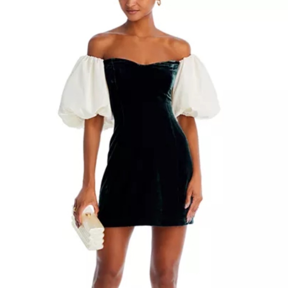 RHODE Velvet Off-the-Shoulder Dali Mini Dress in Macadamia / Forest Green size 4